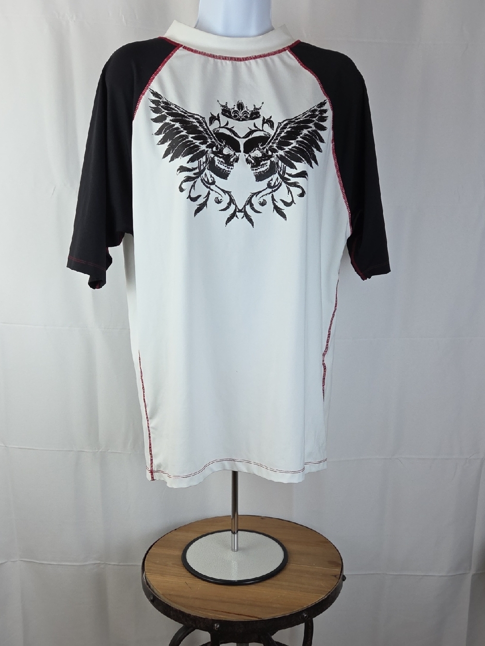 burnside White and Black Raglan Tee with Winged Skull Graphic